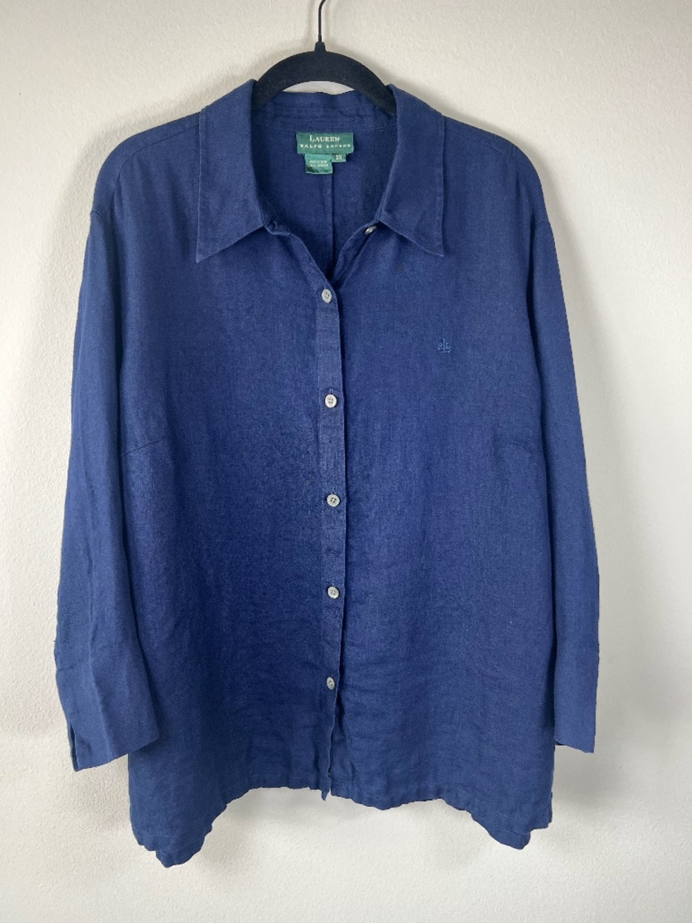 Lauren Ralph Lauren 100% Linen Button Up Shirt  Monogram Navy Coastal Preppy  2X